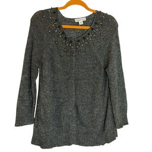 Coldwater Creek Cardigan Sweater Embellished Bead Gray L 14 16 bv